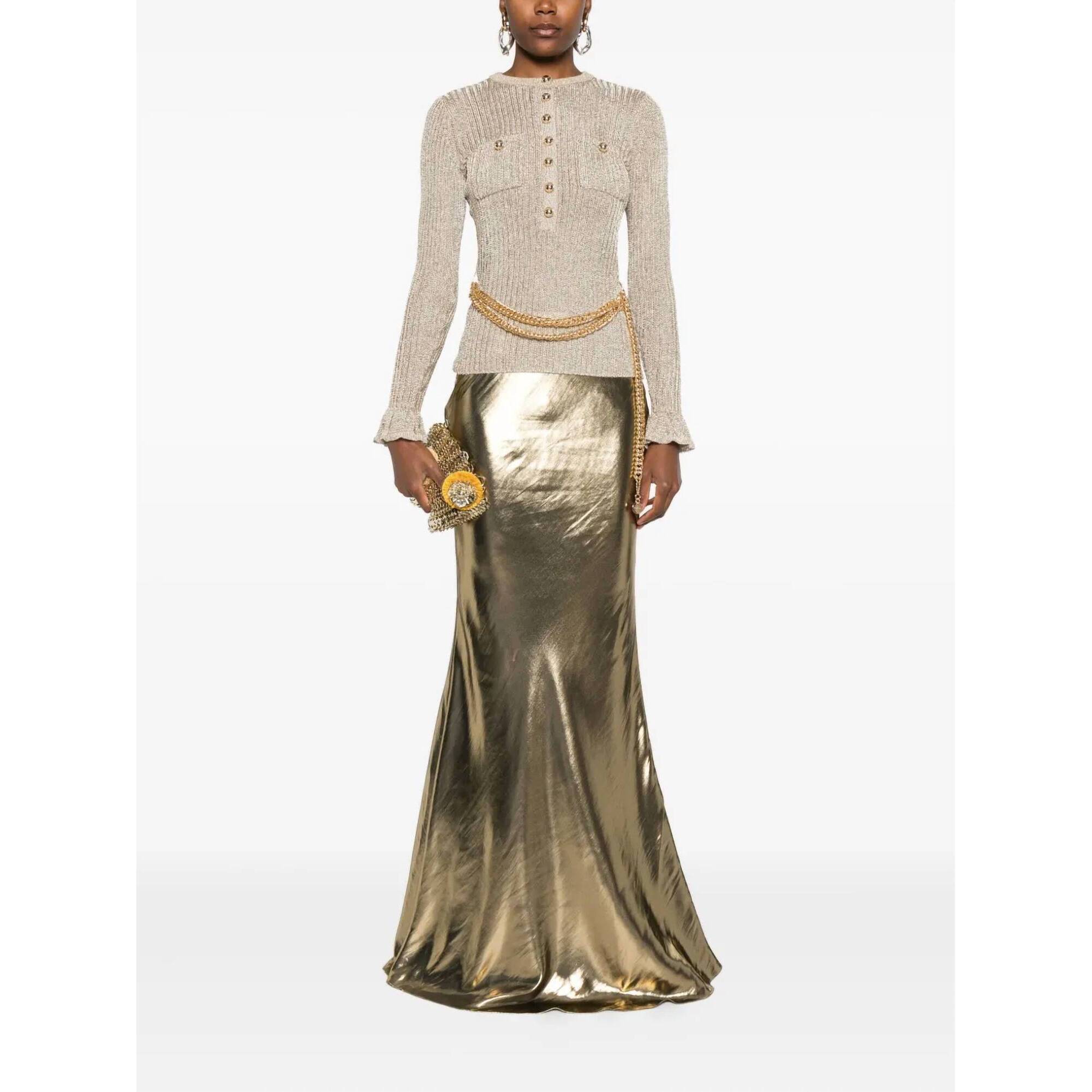 New Self-Portrait Lurex Ribbed Knit Top With Belt In Gold